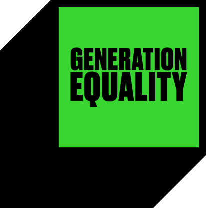 The words “GENERATION EQUALITY” in black against a three-dimensional neon green and black square. The square is against a neon pink and black striped background.