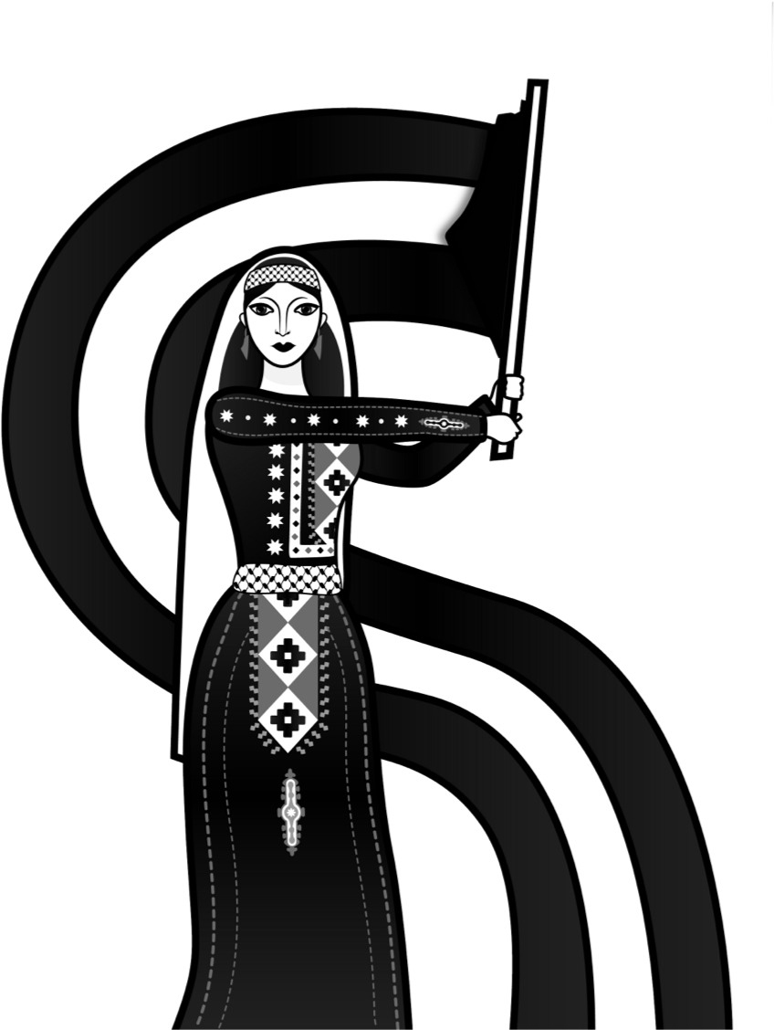 Black and white illustration of a Palestinian woman wearing a traditional dress and embroidered headband, waving the Palestinian flag. The background is colored neon green.