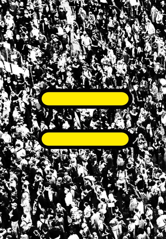 Against a black and white background image of a crowd at a protest, a rectangle transparently overlay alternates flashes of red and purple. A neon yellow equal sign rests in the center of the black and white square image.