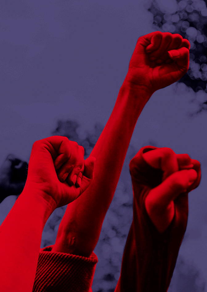 Three hands raised in the air with fists clenched. The background and fists alternate between purple and red.
